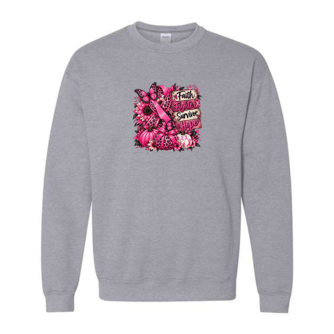 Faith Fighter Survivor Hope design on grey crewneck sweatshirt