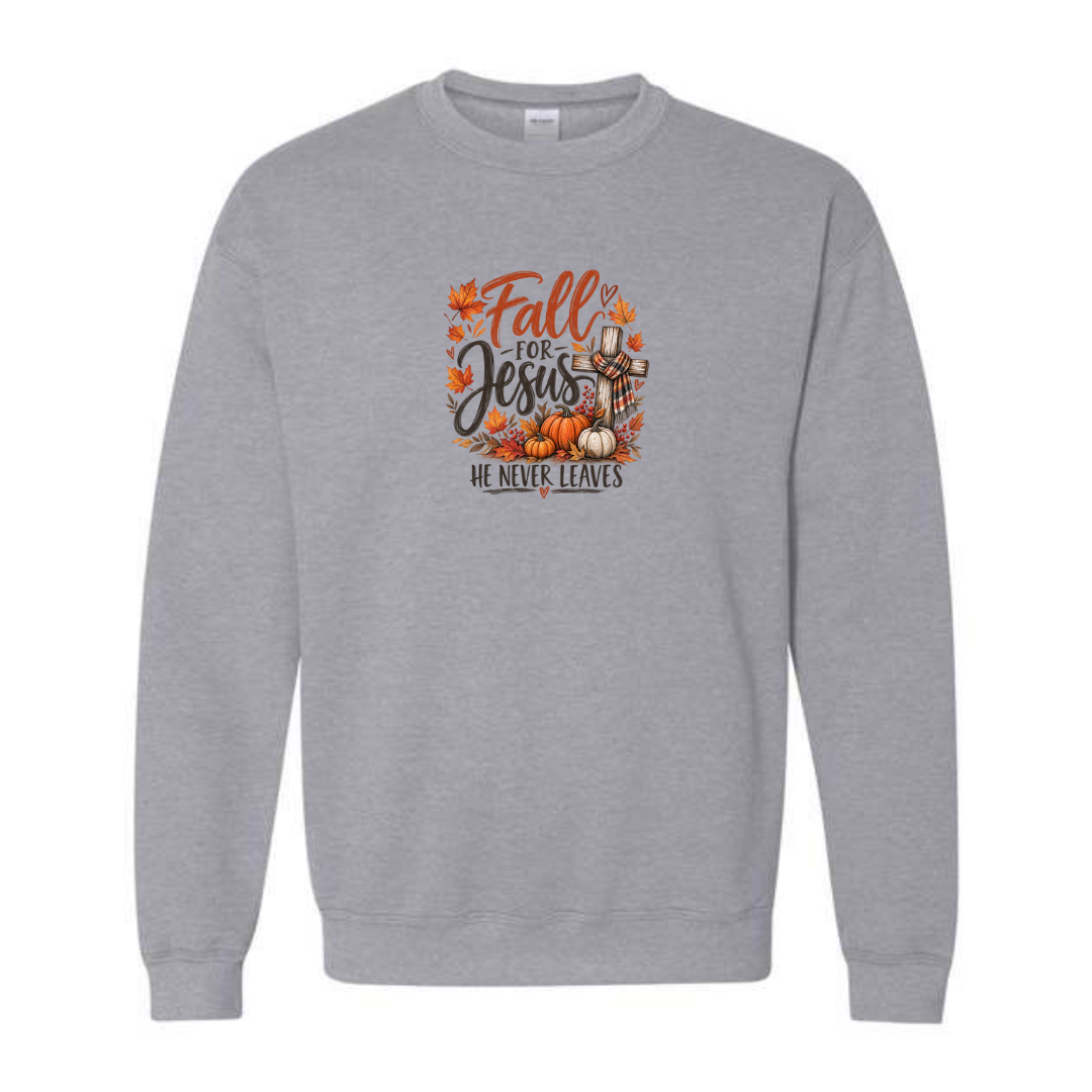 Fall For Jesus He Never Leaves — Watercolor design on grey crewneck sweatshirt