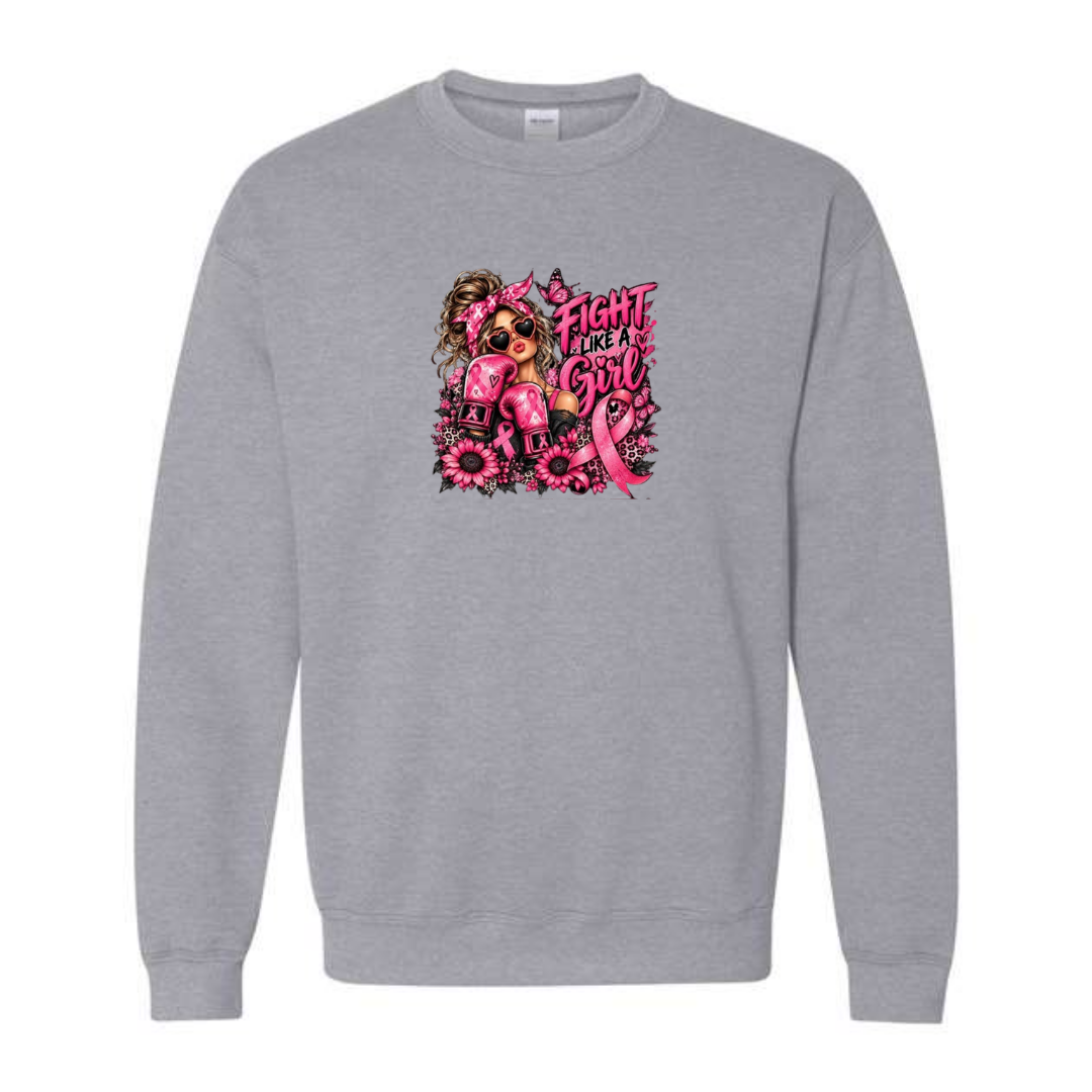 Fight Like A Girl — Boxing Gloves design on grey crewneck sweatshirt