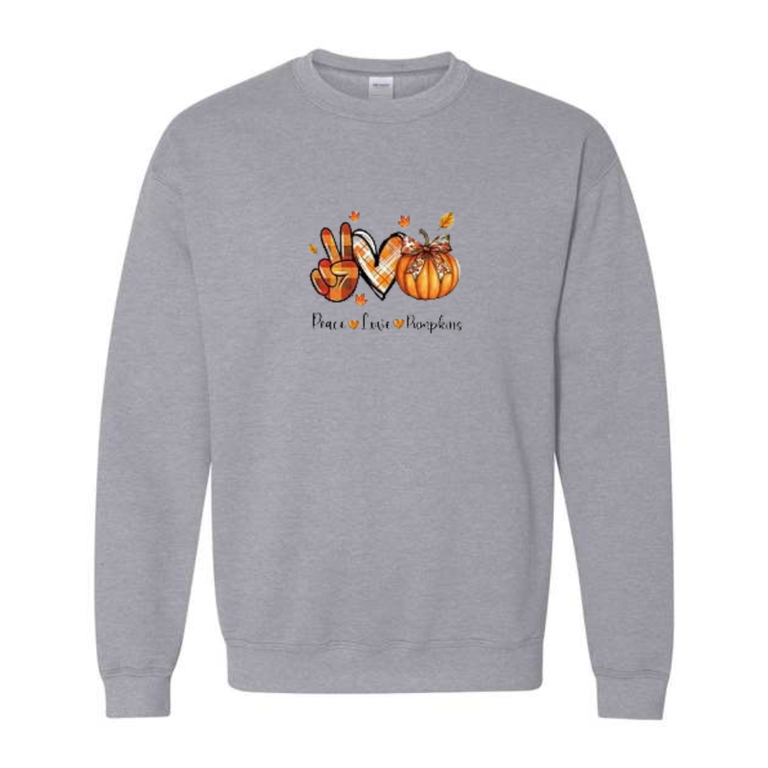 Peace Love Pumpkins design on grey crewneck sweatshirt