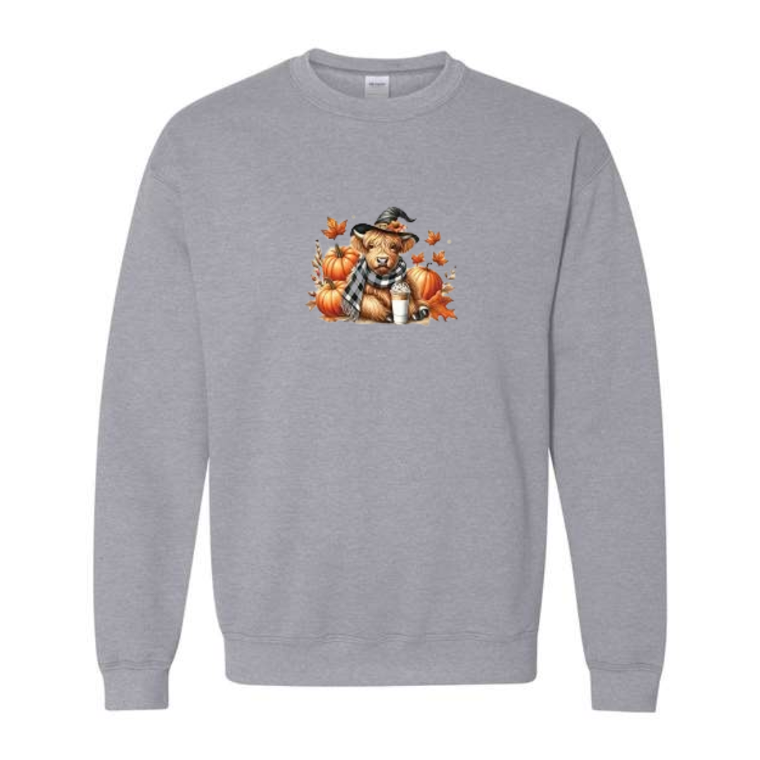 Cozy Highland Cow design on grey crewneck sweatshirt