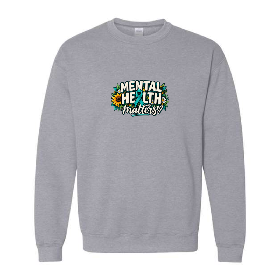 Mental Health Matters — Teal Ribbon design on grey crewneck sweatshirt