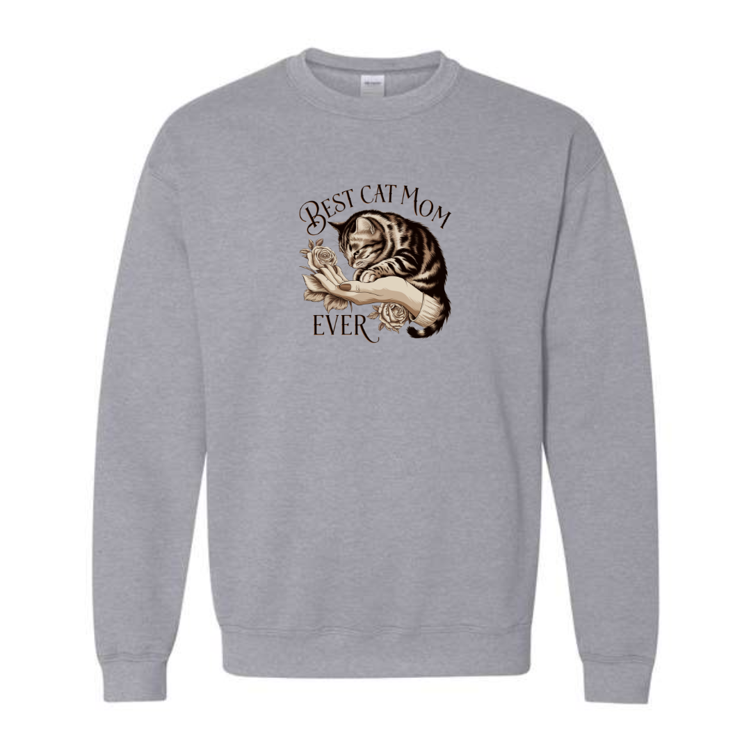 Best Cat Mom Ever design on grey crewneck sweatshirt