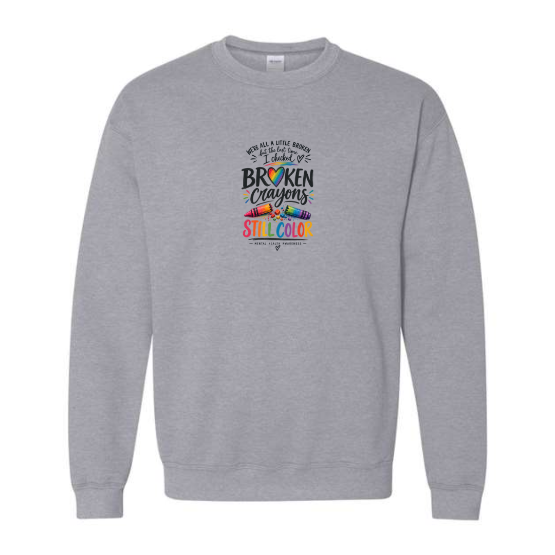 Broken Crayons Still Color design on grey crewneck sweatshirt