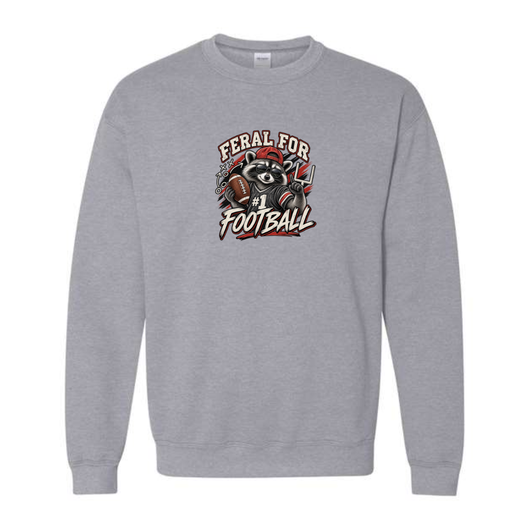 Feral For Football — Varsity Red design on grey crewneck sweatshirt