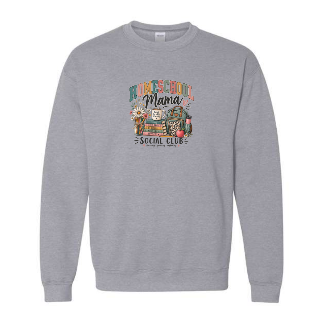 Homeschool Mama Social Club design on grey crewneck sweatshirt