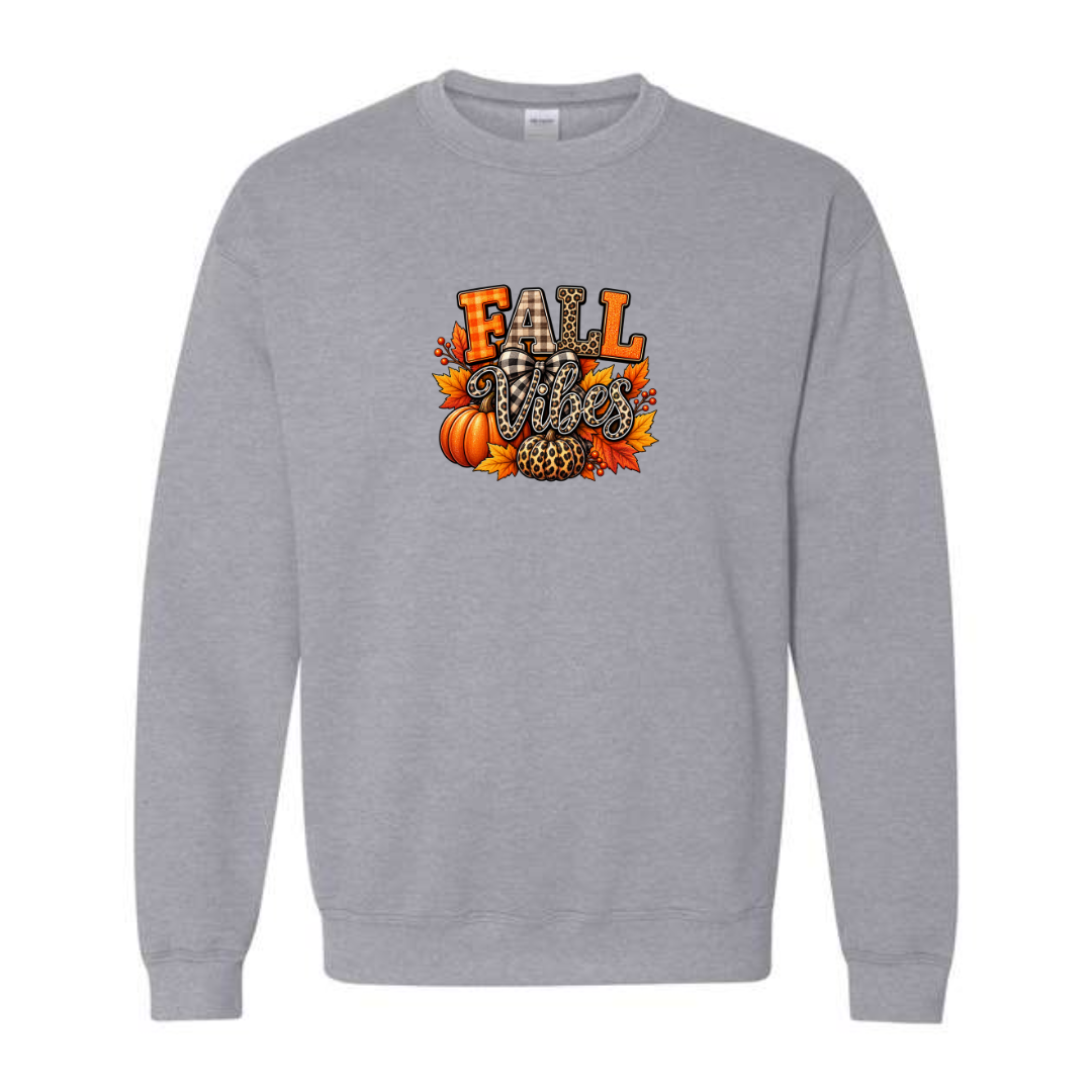 Fall Vibes design on grey crewneck sweatshirt