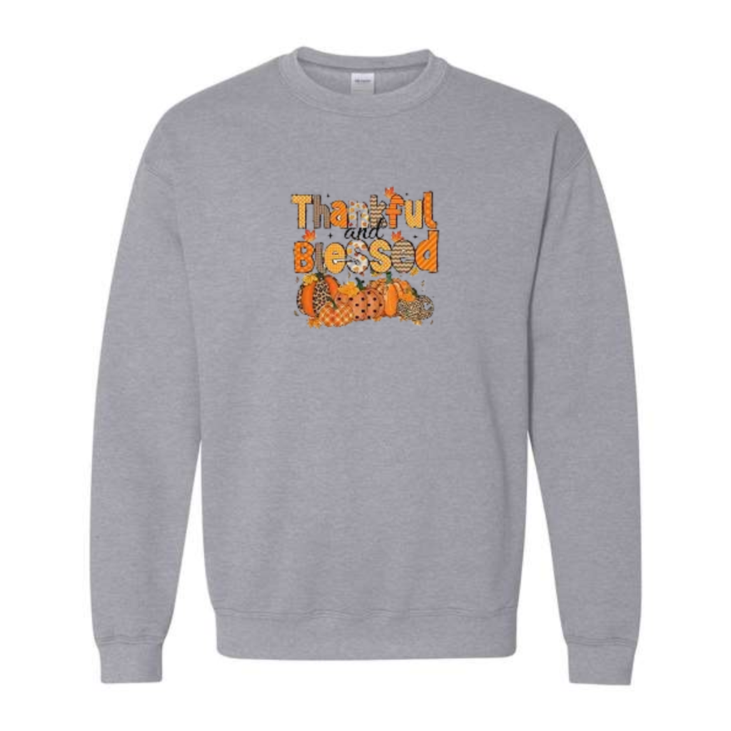 Thankful And Blessed design on grey crewneck sweatshirt