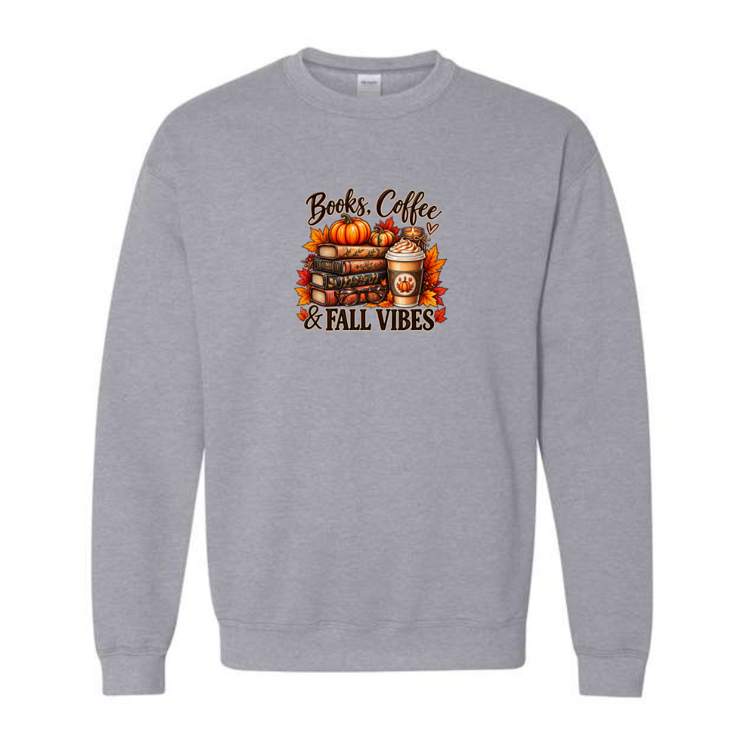 Books Coffee & Fall Vibes design on grey crewneck sweatshirt