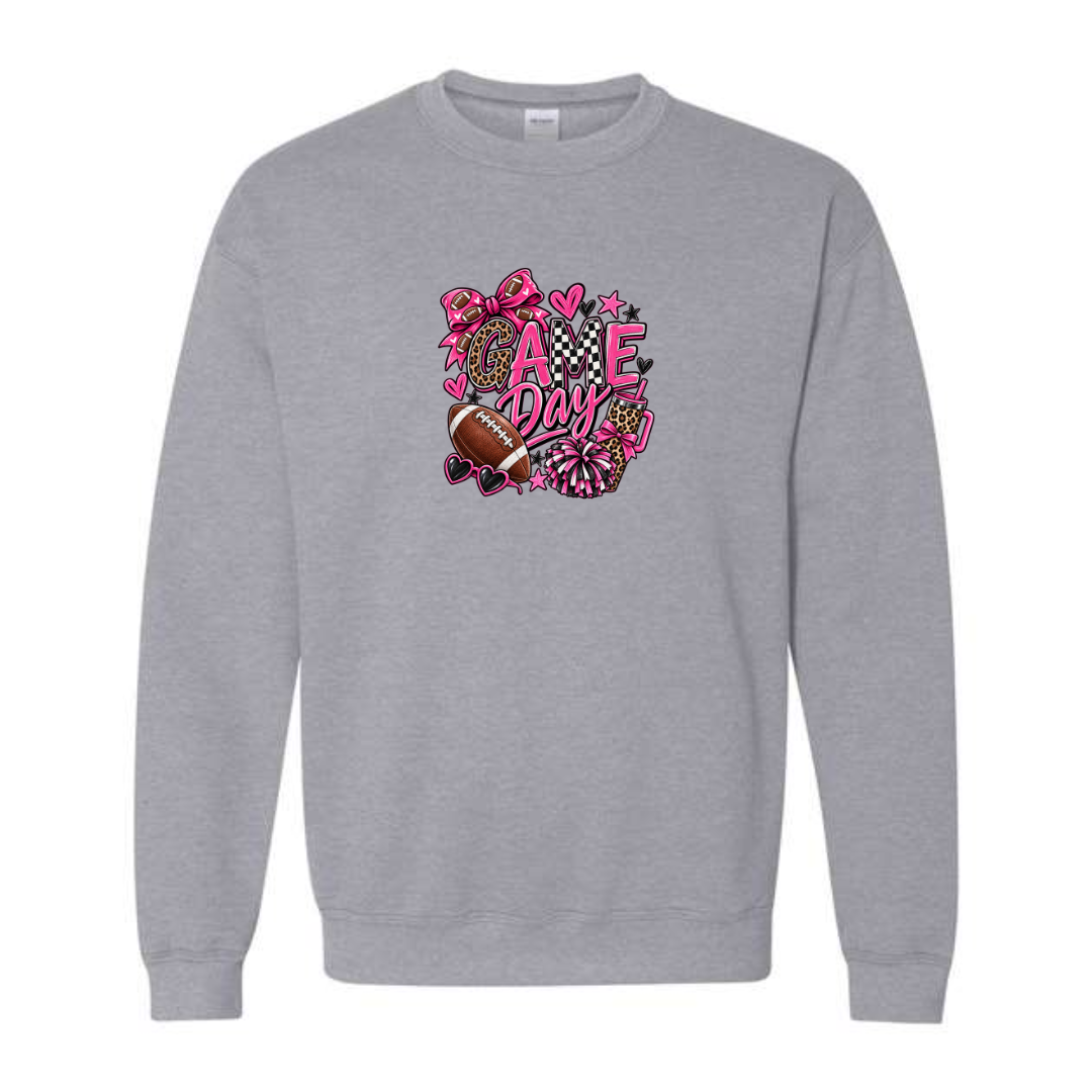 Game Day — Pink Leopard design on grey crewneck sweatshirt