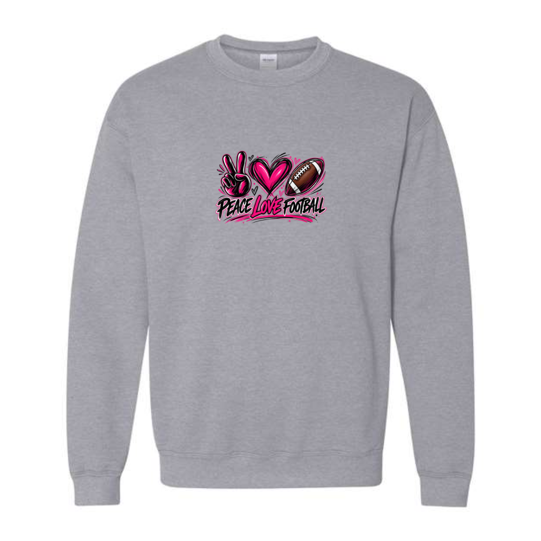 Peace Love Football design on grey crewneck sweatshirt