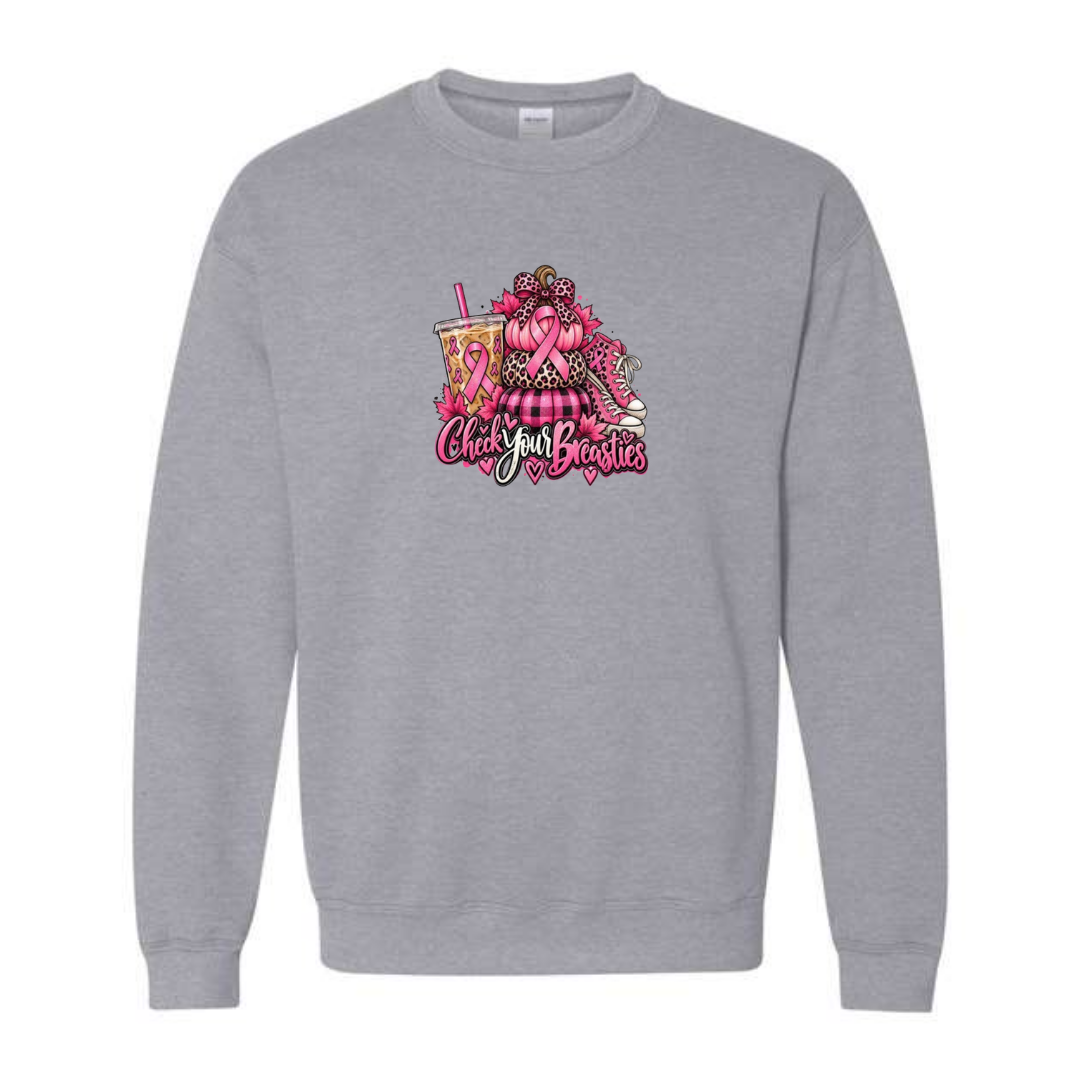 Check Your Breasties design on grey crewneck sweatshirt