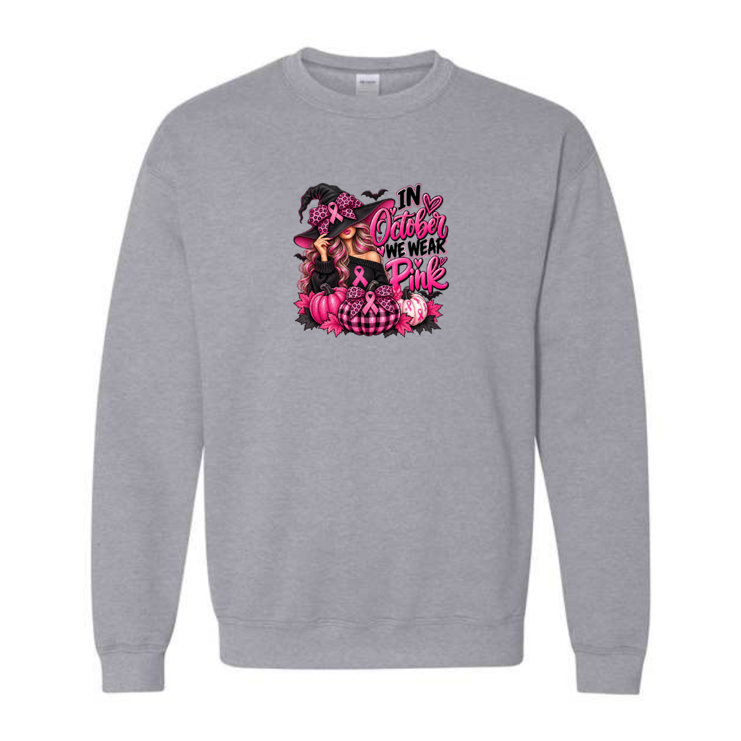 In October We Wear Pink — Witch Hat design on grey crewneck sweatshirt