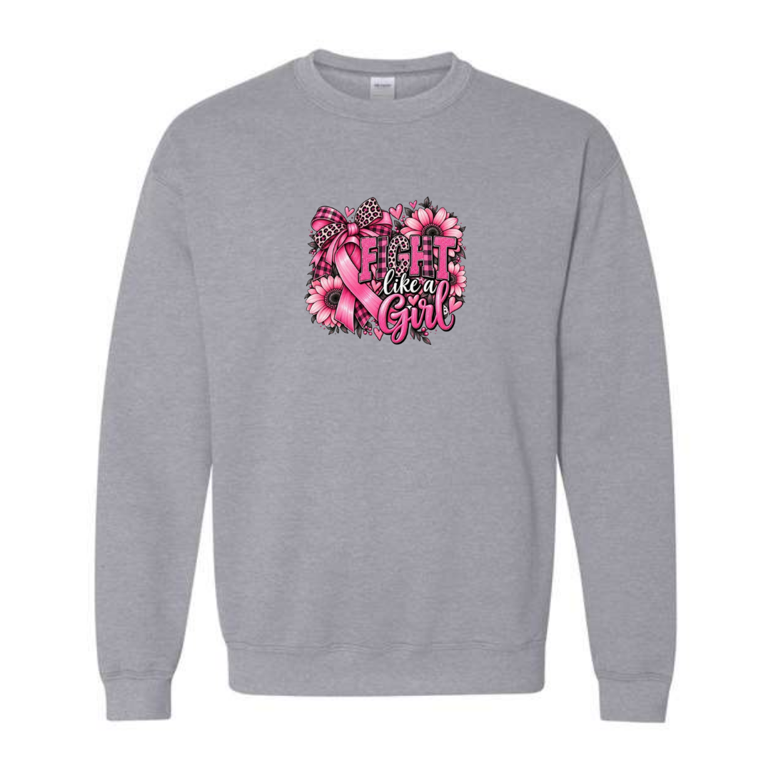 Fight Like A Girl — Sunflower Bow design on grey crewneck sweatshirt