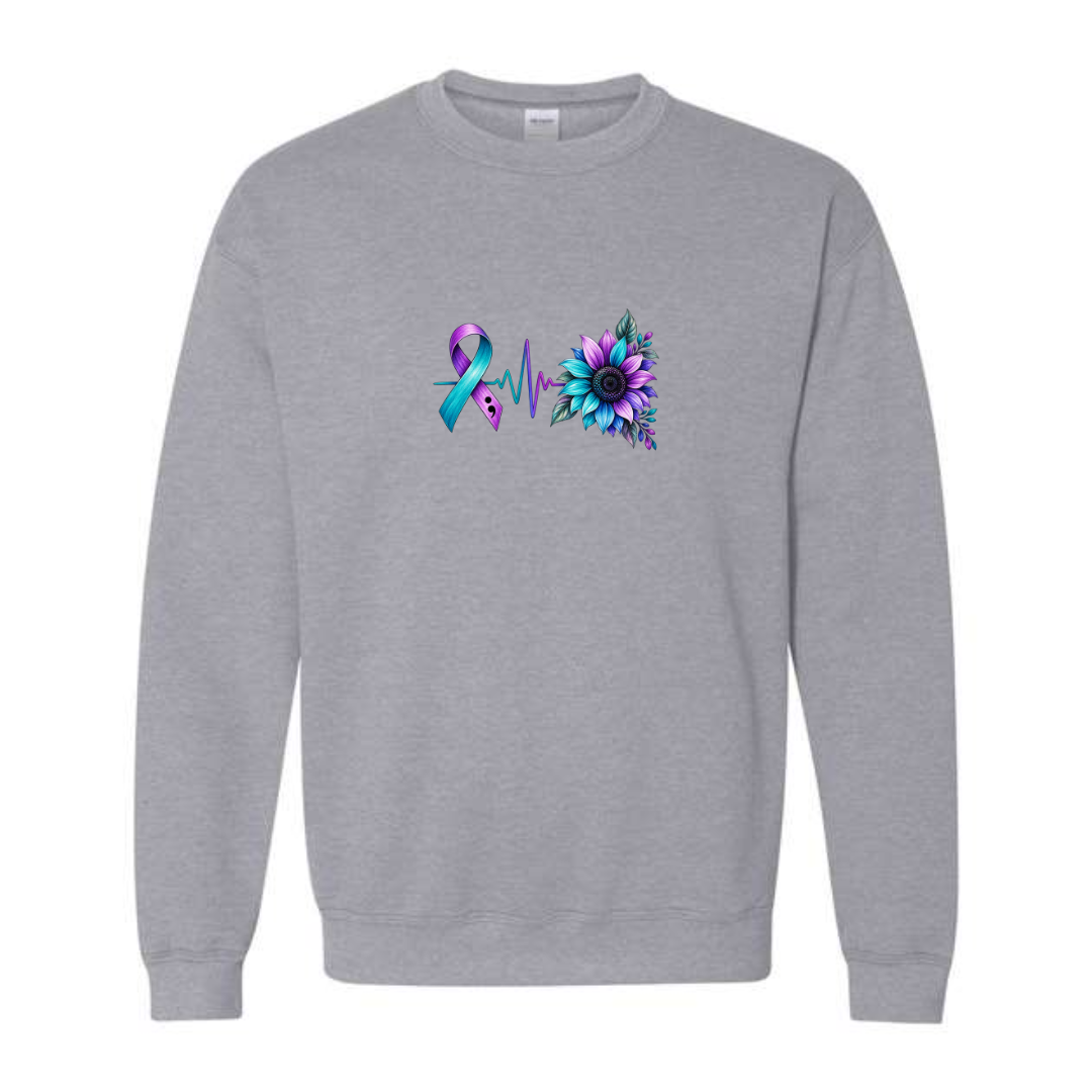 Suicide Prevention Ribbon Sunflower design on grey crewneck sweatshirt