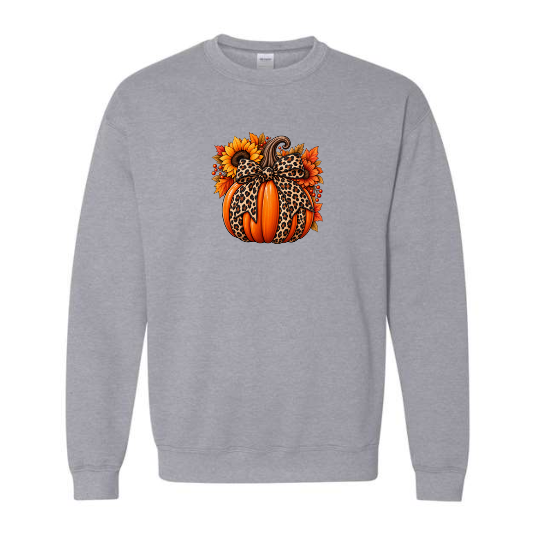 Leopard Pumpkin With Bow design on grey crewneck sweatshirt