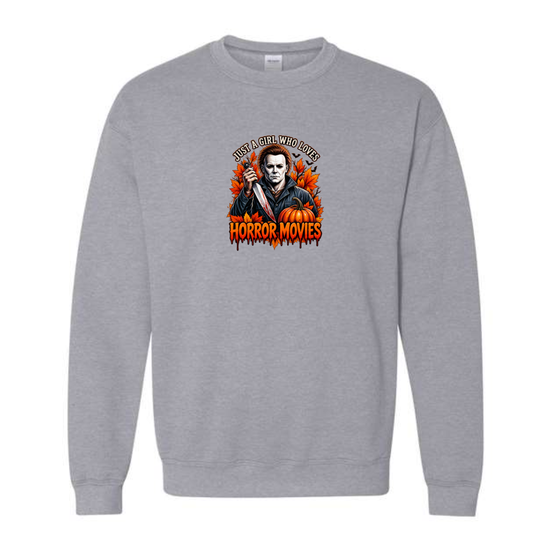 Just A Girl Who Loves Horror Movies design on grey crewneck sweatshirt