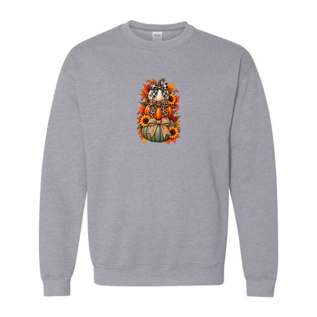 Stacked Pumpkins With Bows design on grey crewneck sweatshirt