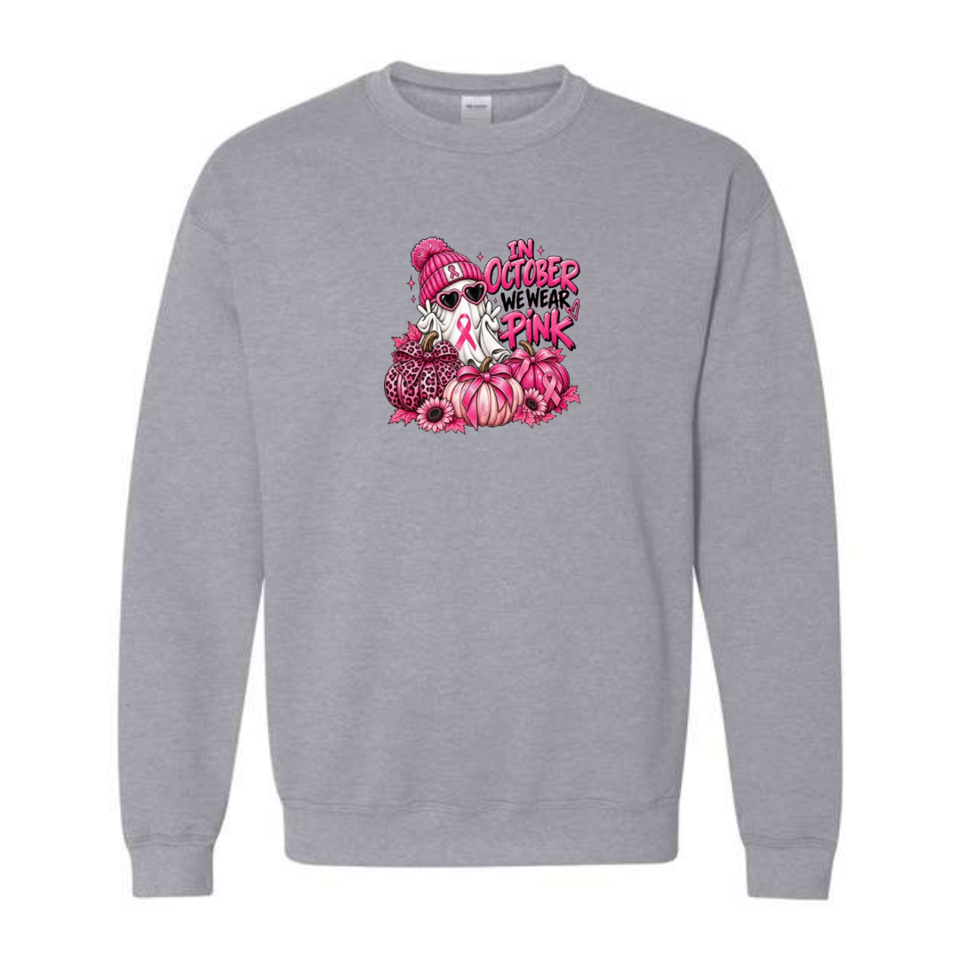 In October We Wear Pink — Ghost design on grey crewneck sweatshirt