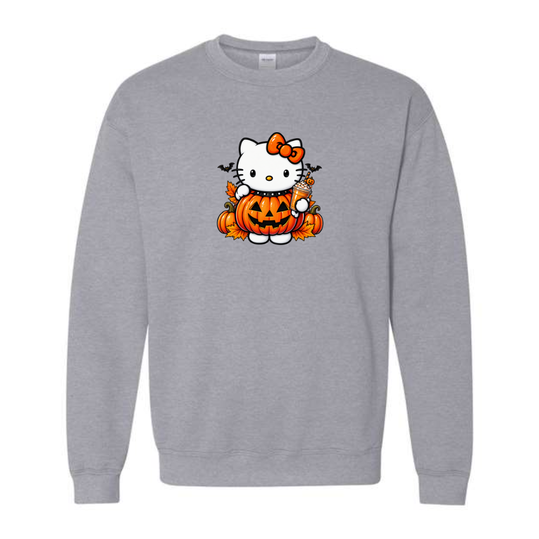 Kitty Pumpkin Latte design on grey crewneck sweatshirt