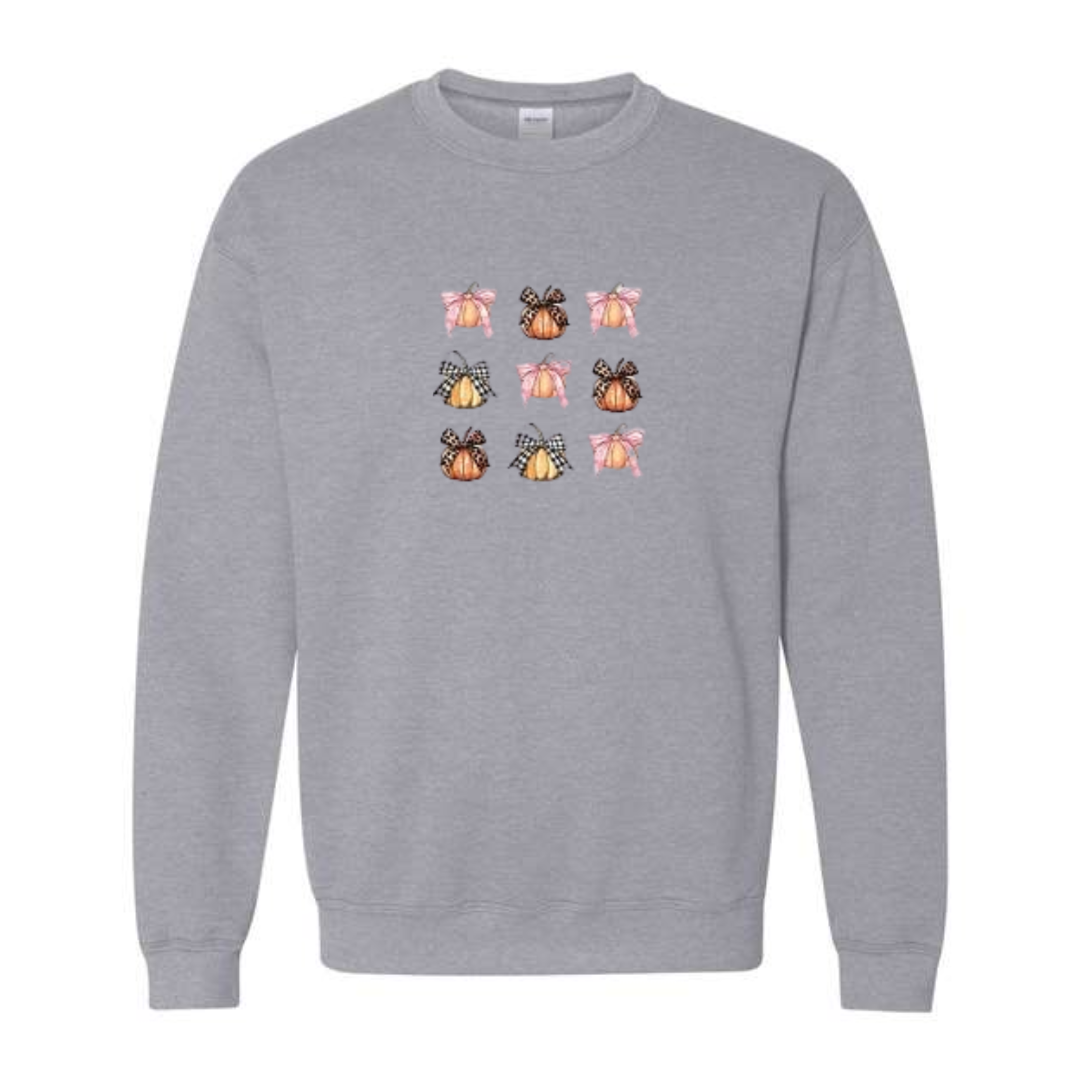 Coquette Pumpkin Bows design on grey crewneck sweatshirt