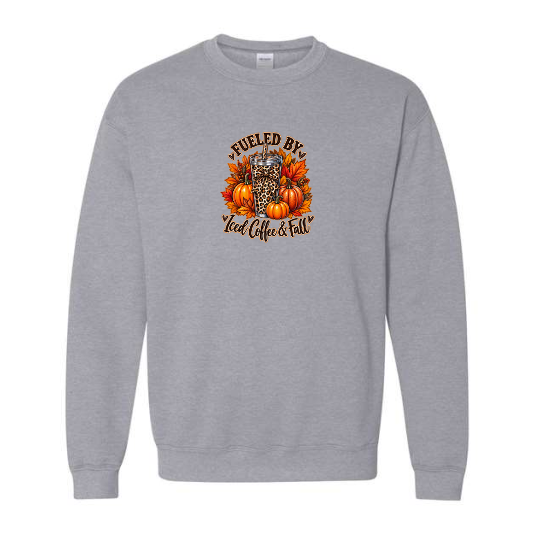 Fueled By Iced Coffee & Fall design on grey crewneck sweatshirt
