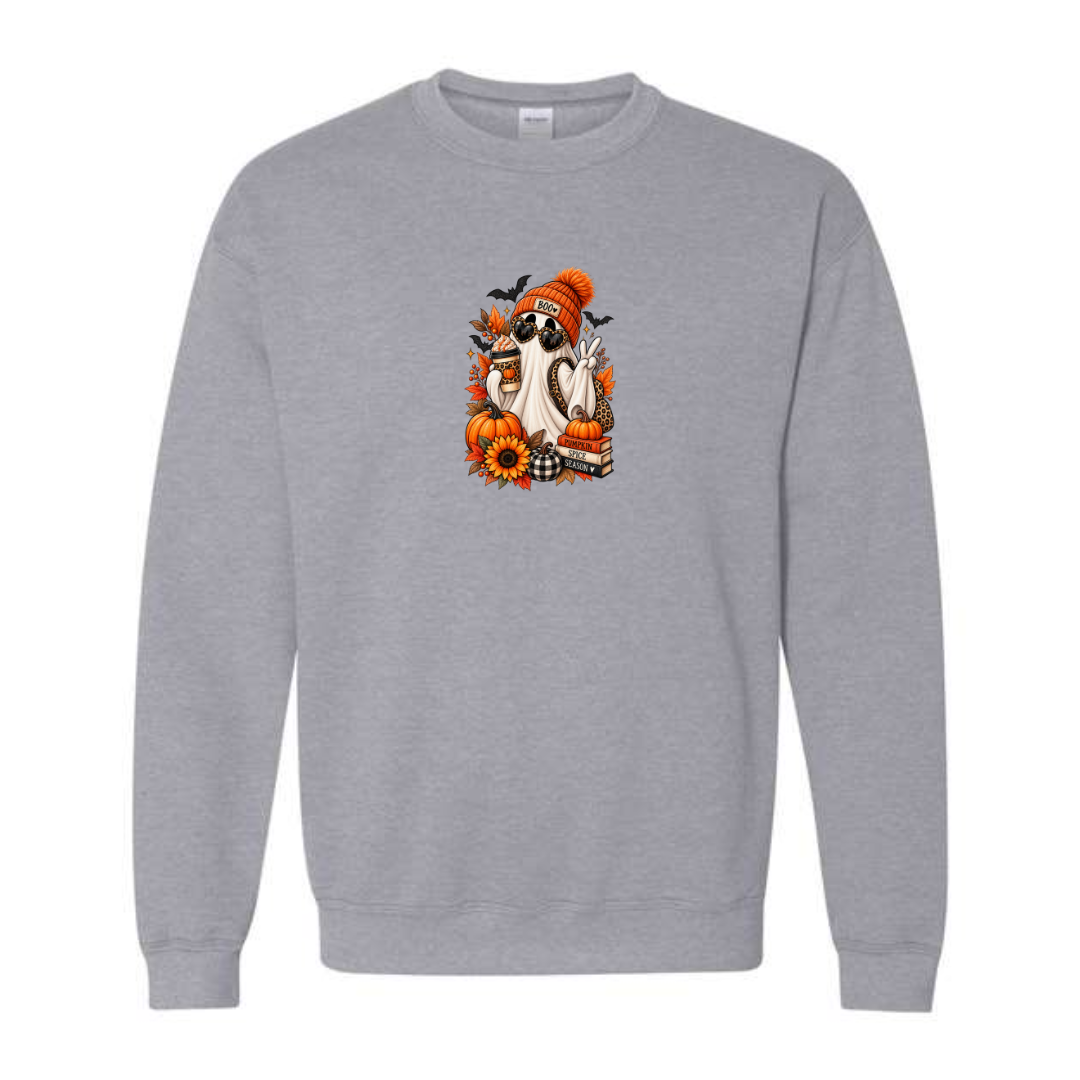 Pumpkin Spice Season Ghost design on grey crewneck sweatshirt