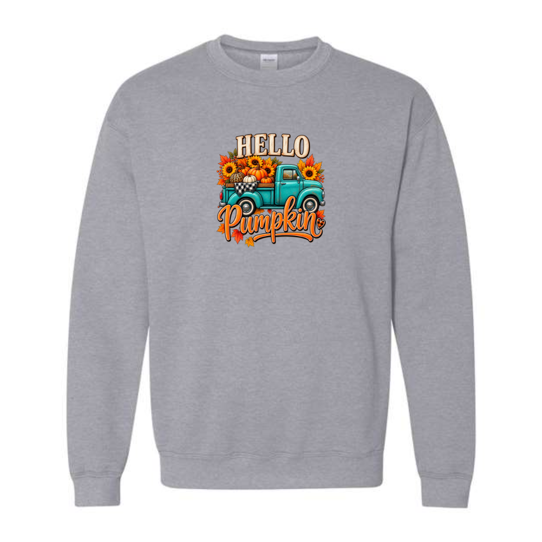 Hello Pumpkin Truck design on grey crewneck sweatshirt