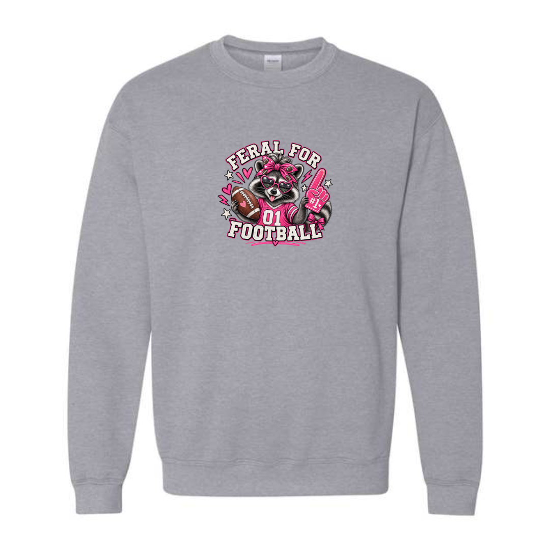 Feral For Football — Pink Cheer design on grey crewneck sweatshirt