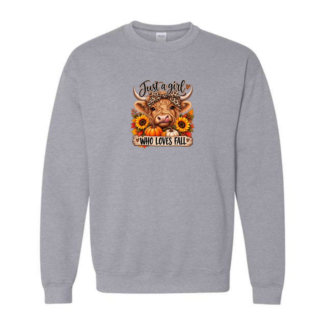 Just A Girl Who Loves Fall design on grey crewneck sweatshirt
