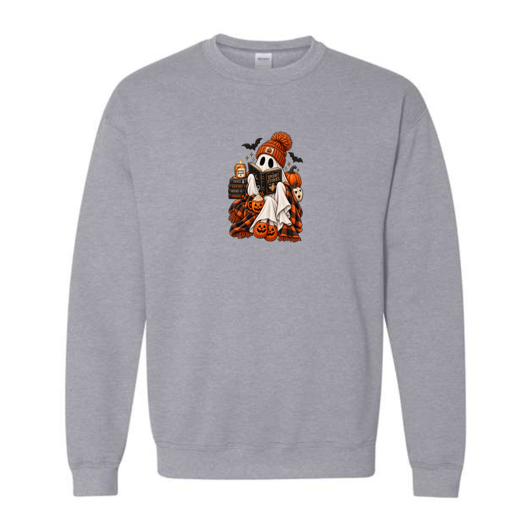 Spooky Stories design on grey crewneck sweatshirt