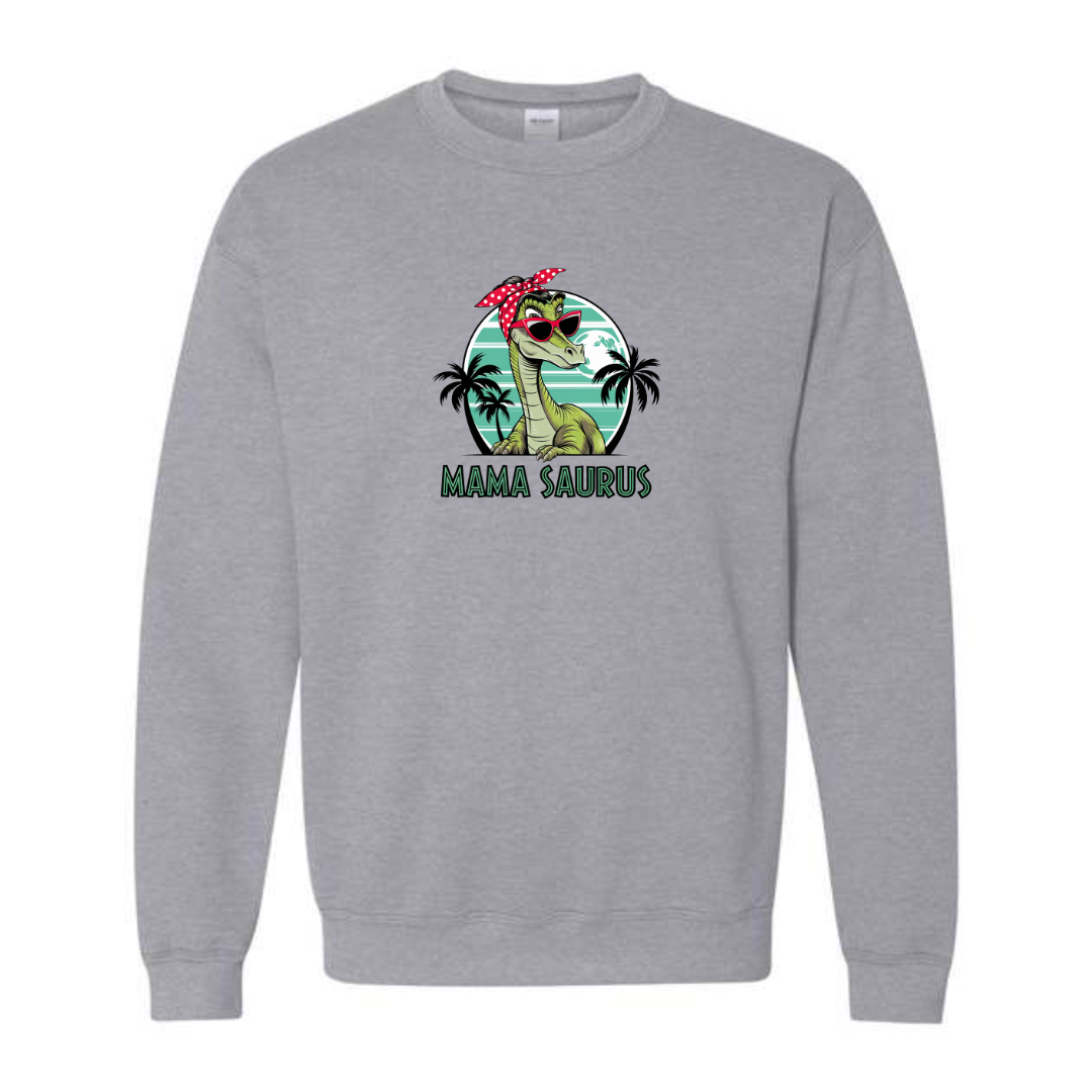 Mama Saurus design on grey crewneck sweatshirt