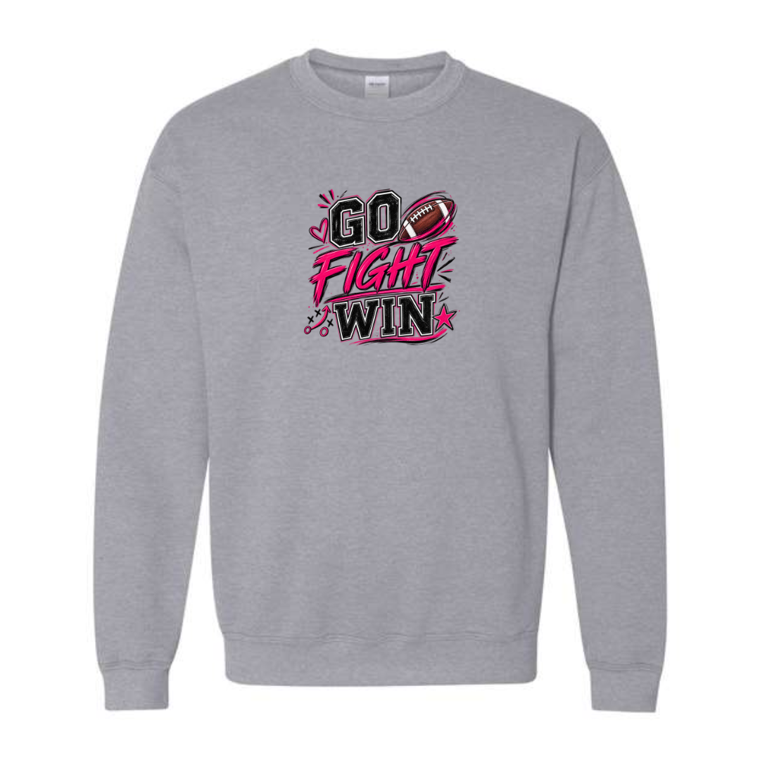 Go Fight Win design on grey crewneck sweatshirt
