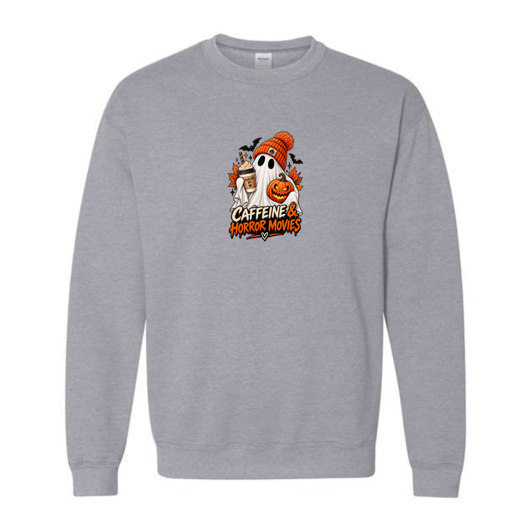Caffeine & Horror Movies design on grey crewneck sweatshirt