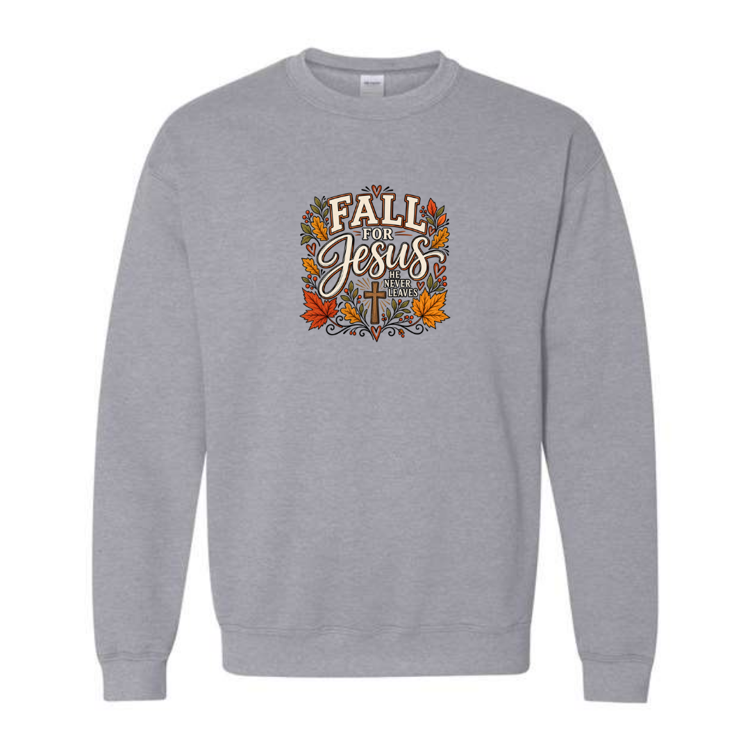 Fall For Jesus He Never Leaves — Autumn Leaves design on grey crewneck sweatshirt