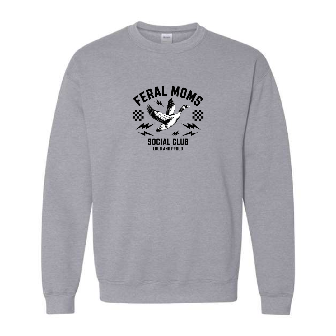 Feral Moms Social Club design on grey crewneck sweatshirt