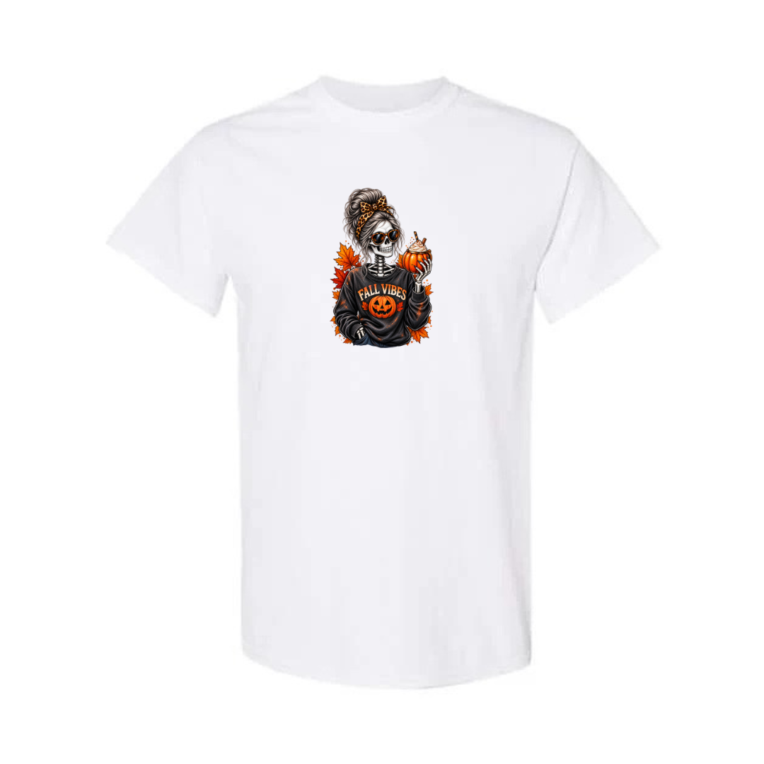 Fall Vibes Skeleton design on white short sleeve tee