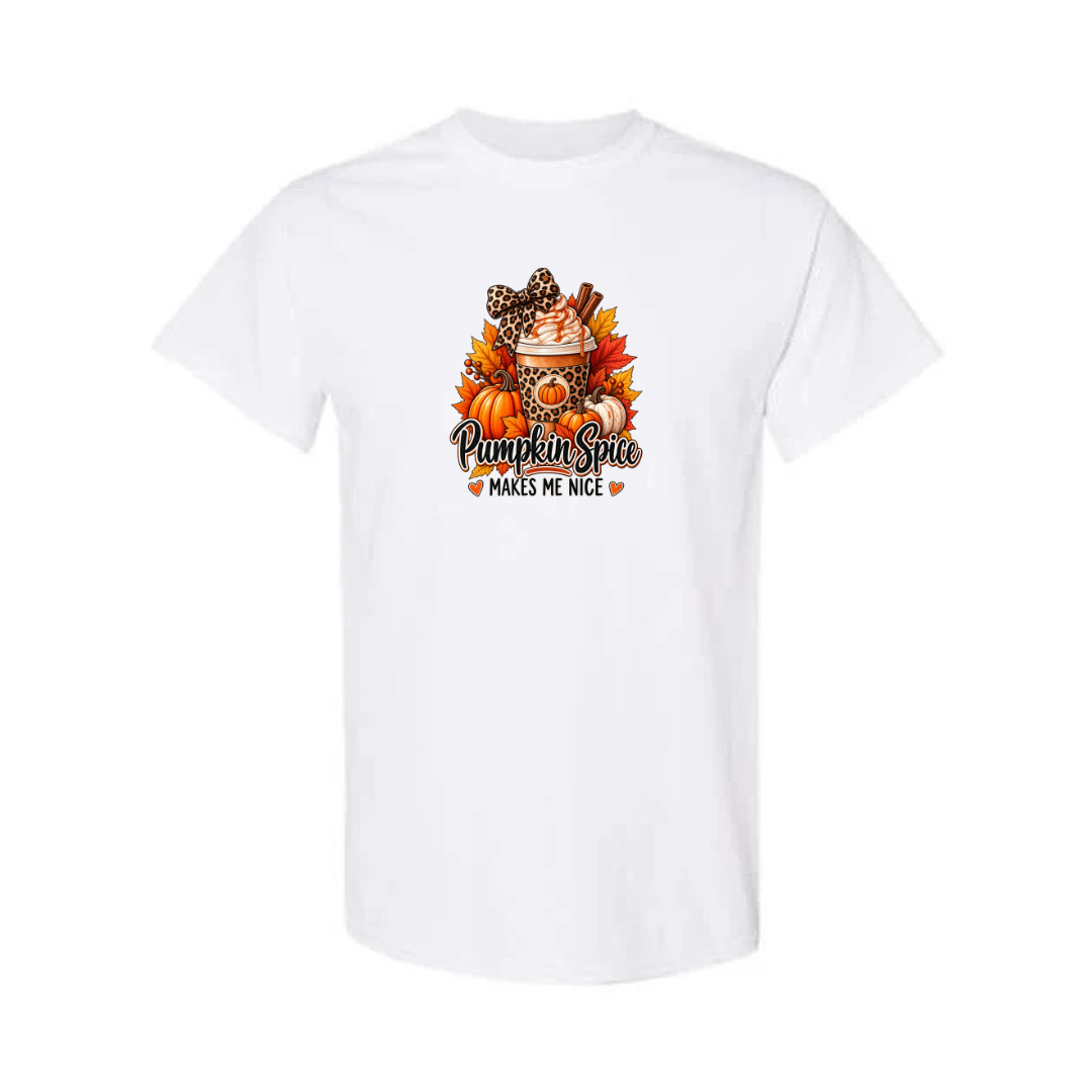Pumpkin Spice Makes Me Nice design on white short sleeve tee