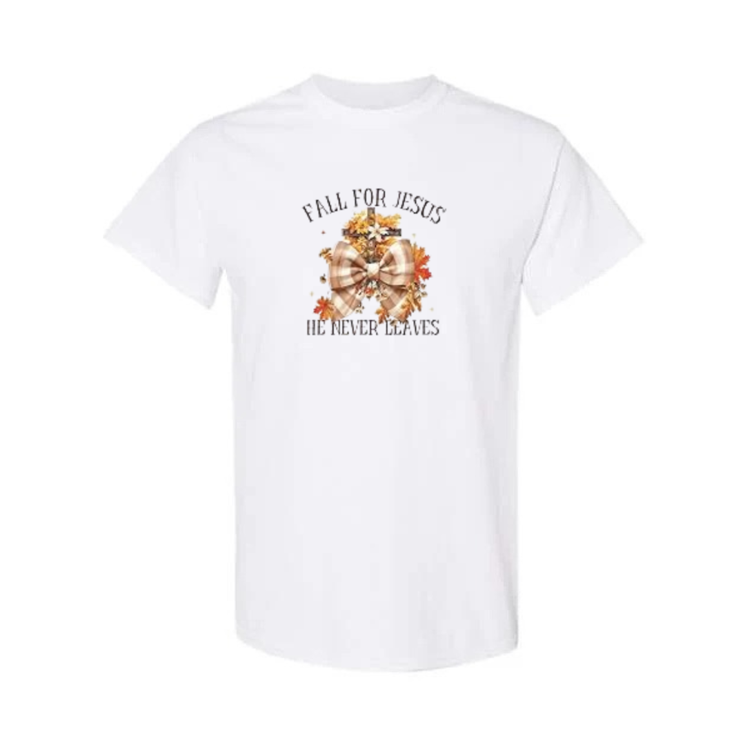 Fall For Jesus He Never Leaves design on white short sleeve tee