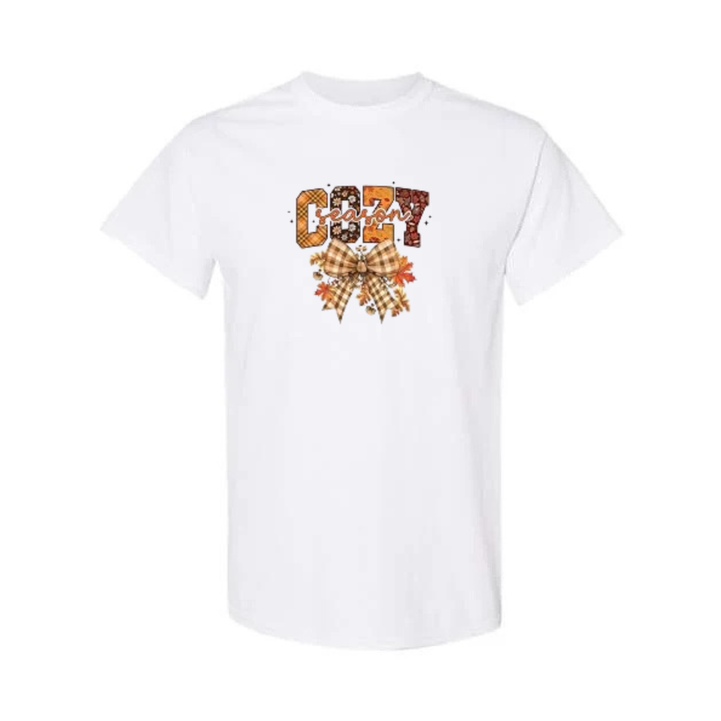 Cozy Season design on white short sleeve tee