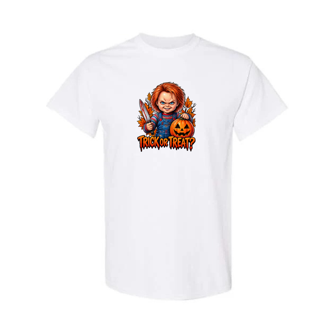 Trick Or Treat design on white short sleeve tee