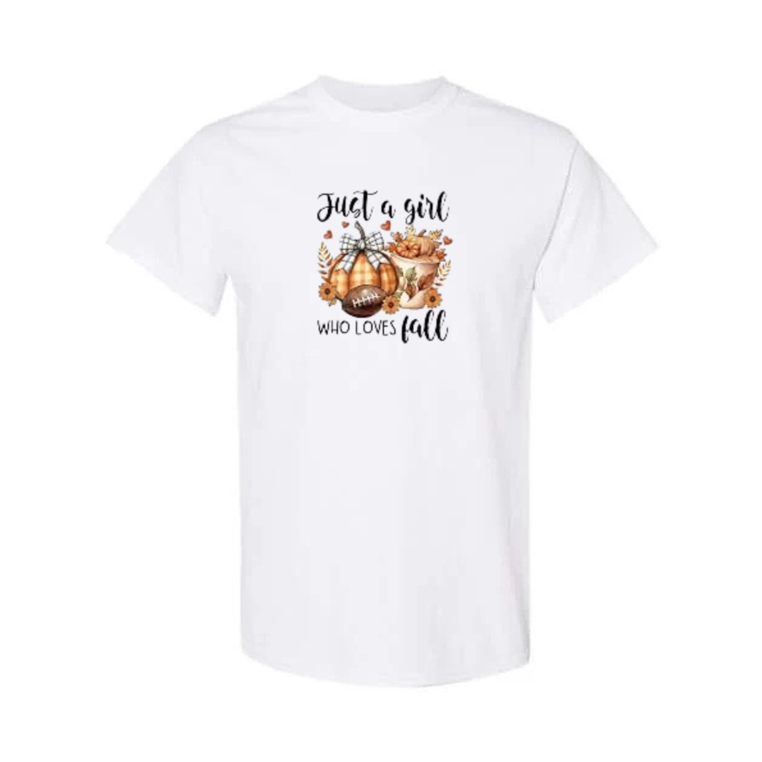 Just A Girl Who Loves Fall design on white short sleeve tee