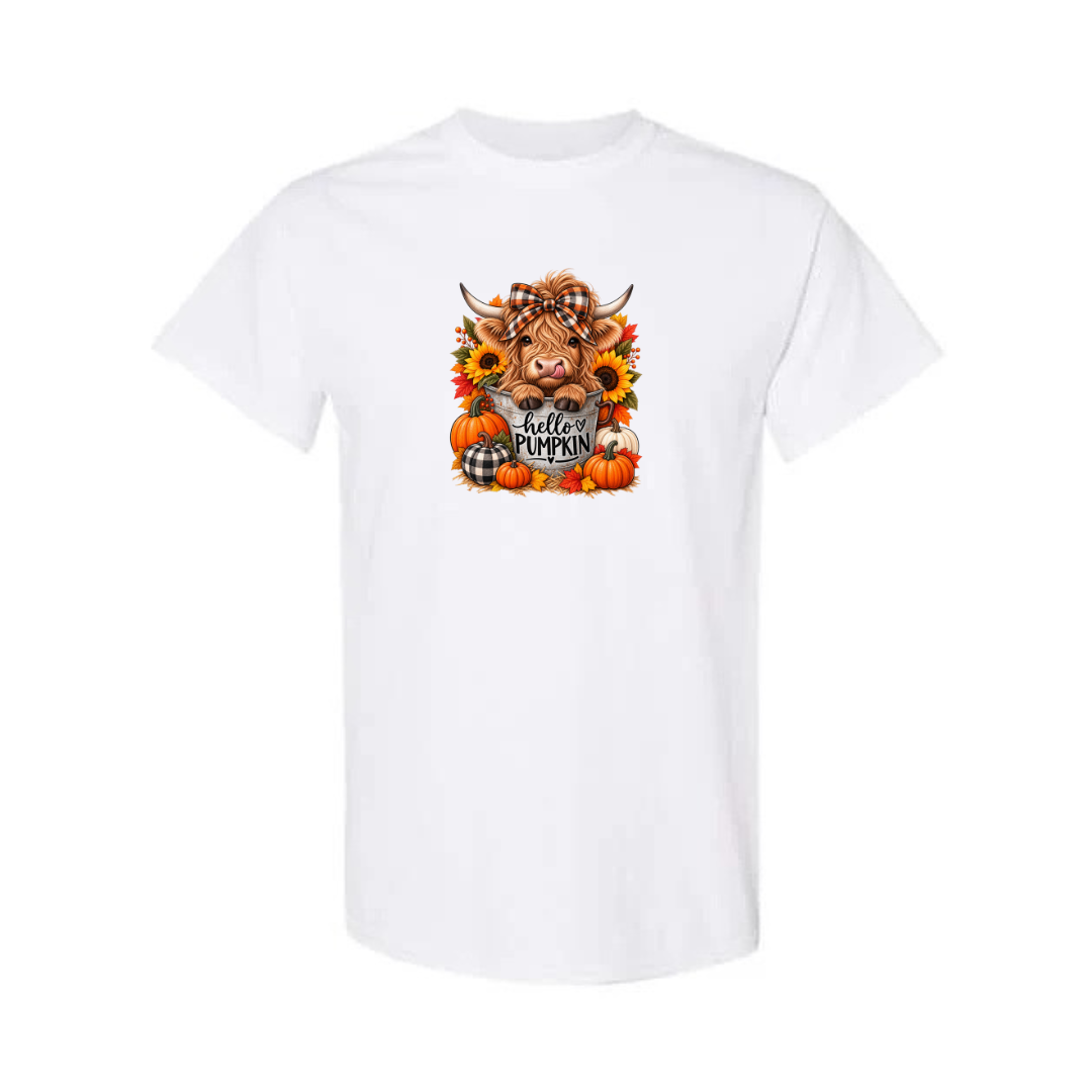 Hello Pumpkin Highland Cow design on white short sleeve tee