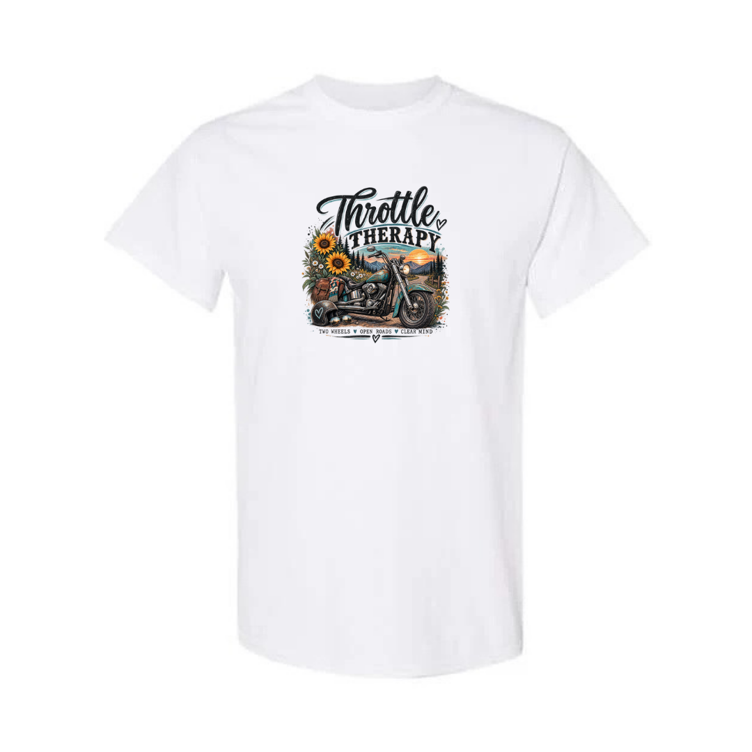 Throttle Therapy design on white short sleeve tee