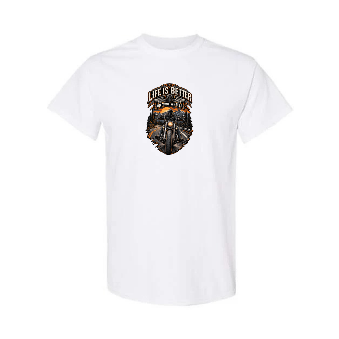 Life Is Better On Two Wheels design on white short sleeve tee
