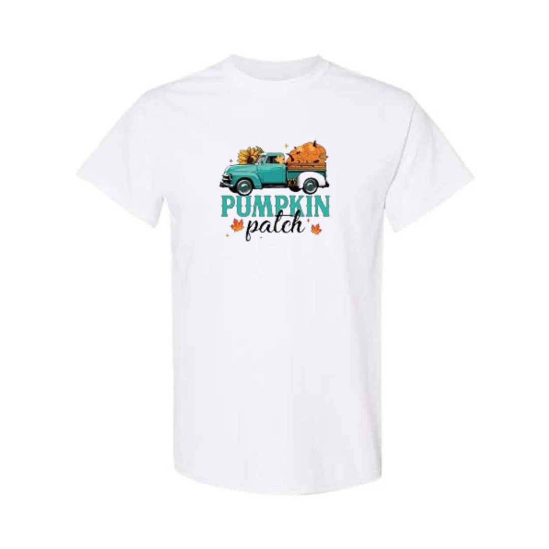 Pumpkin Patch design on white short sleeve tee