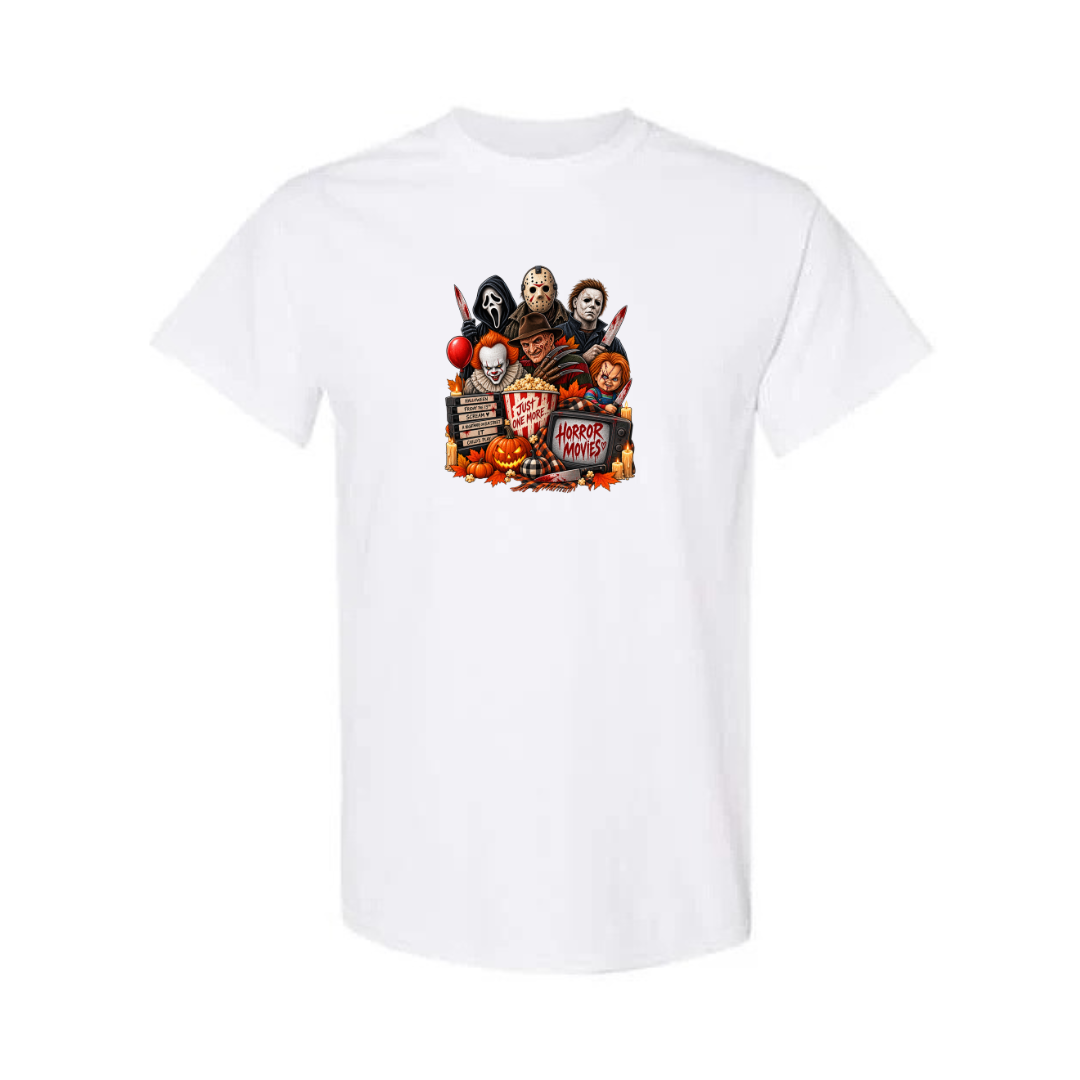 Just One More Horror Movie design on white short sleeve tee