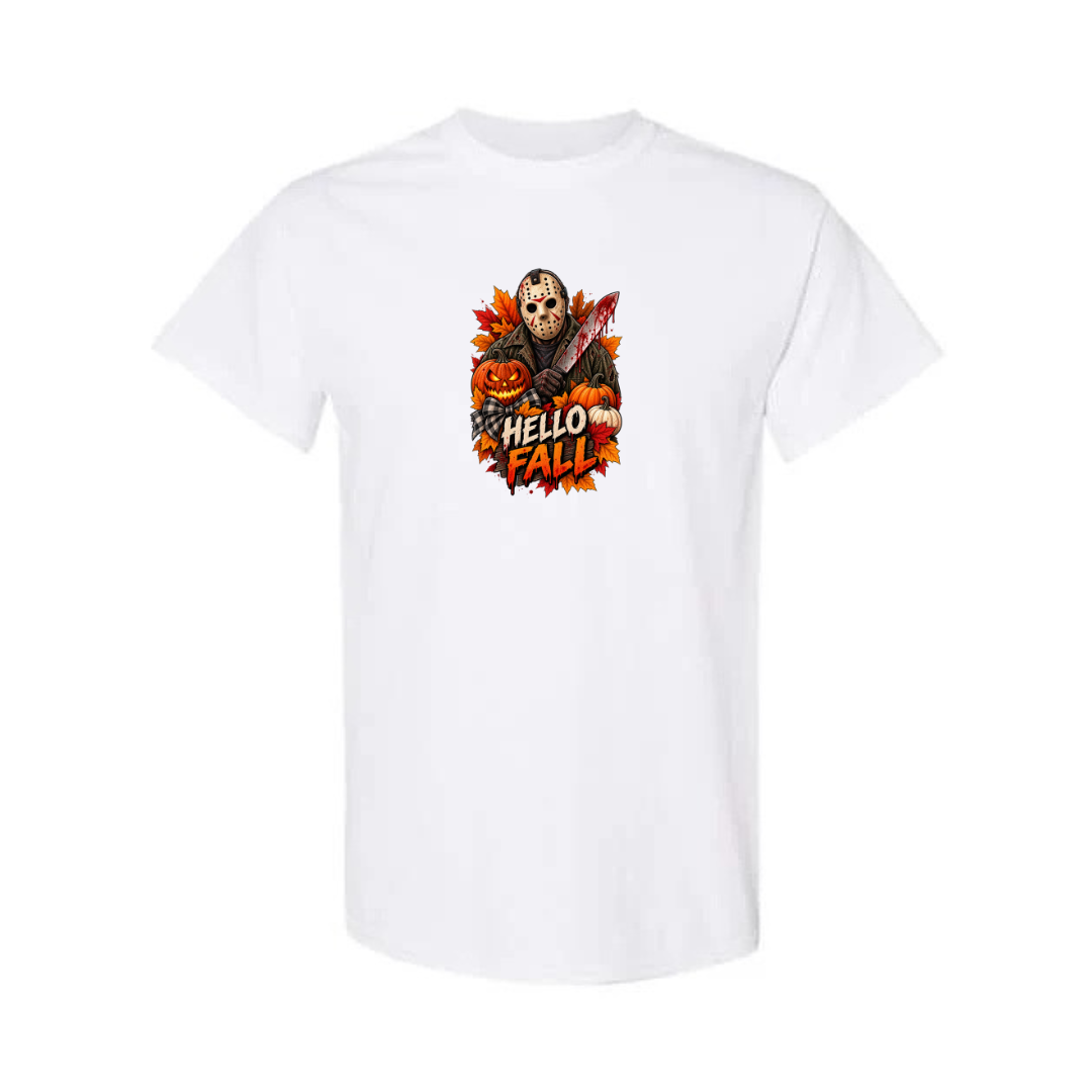 Hello Fall design on white short sleeve tee