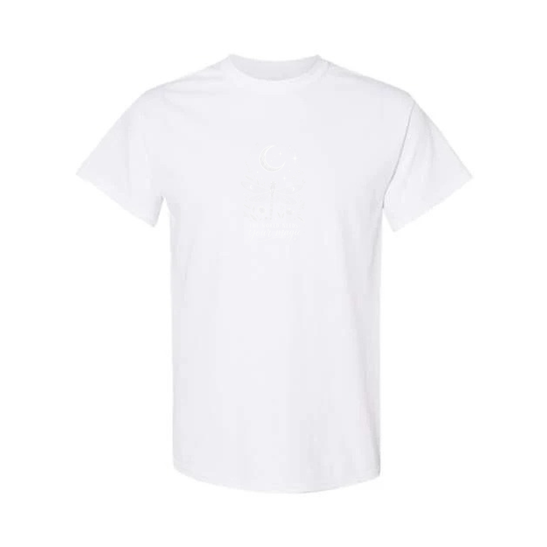 The World Needs Your Magic design on white short sleeve tee