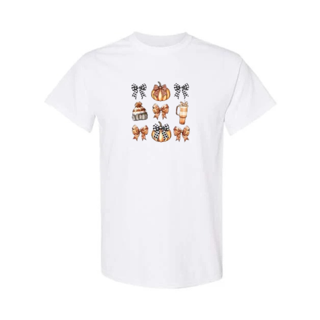 Cozy Bows and Brews design on white short sleeve tee